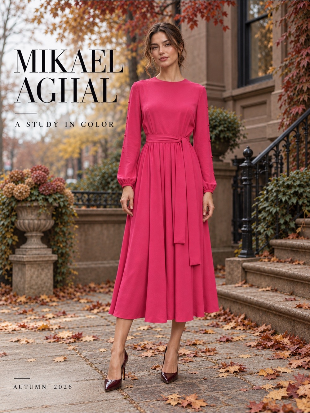 Mikael Aghal Fuchsia Pink Belted Midi Dress Size 10 NWT